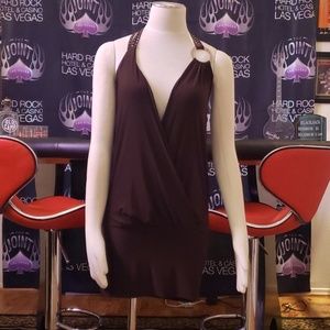 Chocolate dress with drop neckline.